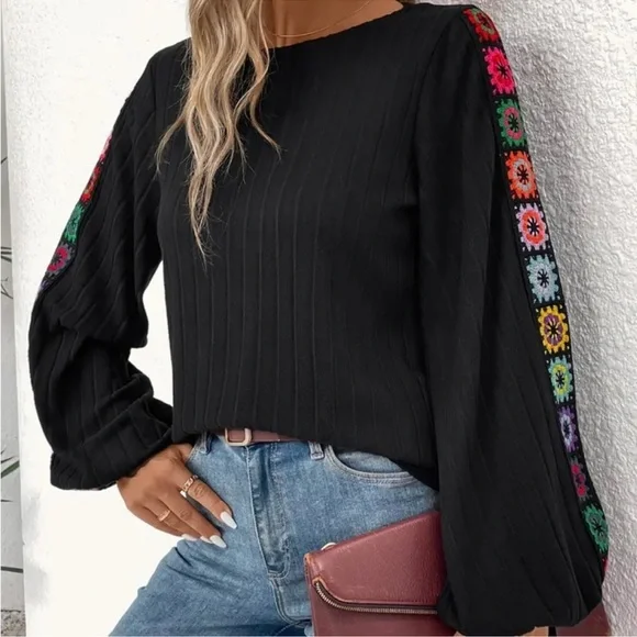 Chic Black Blouse with Colorful Embroidered Sleeves - Picture 4 of 5